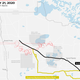 The red line shows the drone route over the region on Feb. 21, the day it flew over Goldtooth’s house. The existing portion of Line 3 is in black, and the proposed replacement route is in yellow. Earther is withholding the exact location of Goldtooth’s house to respect his privacy.